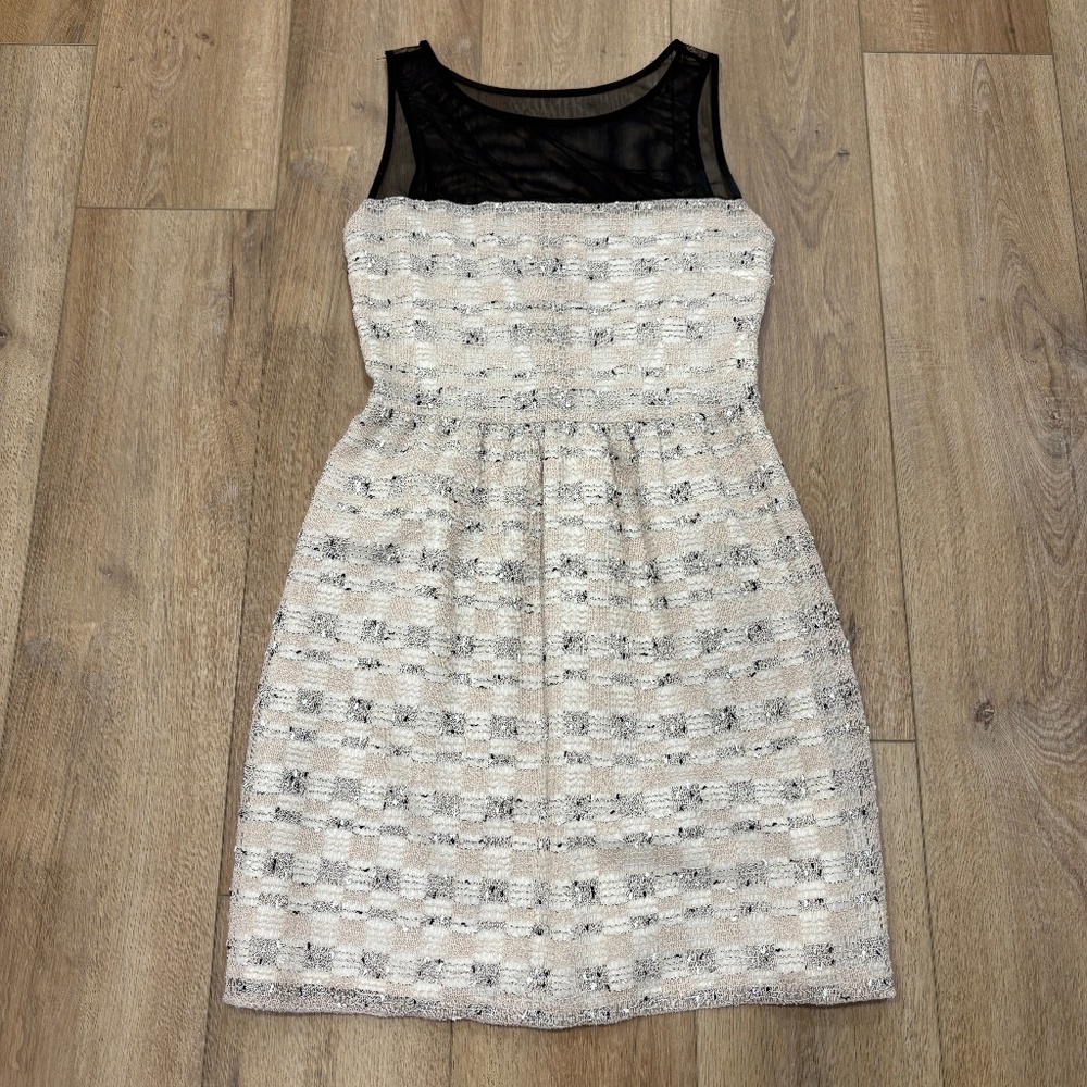 🌟LOVE...ADY🌟 TWEED FIT & FLARE MESH TOP DRESS BLACK / IVORY SZ M